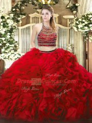 Red Sleeveless Floor Length Beading and Ruffles Zipper Sweet 16 Quinceanera Dress