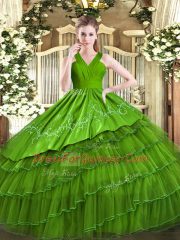 Pretty Sleeveless Satin and Organza Floor Length Zipper Sweet 16 Dresses in Olive Green with Embroidery and Ruffled Layers