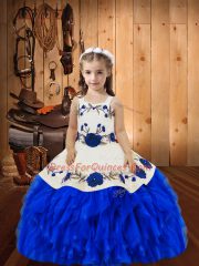 Perfect Sleeveless Organza Floor Length Lace Up Little Girls Pageant Dress in Royal Blue with Embroidery and Ruffles