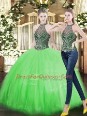Ball Gowns Tulle High-neck Sleeveless Beading Floor Length Lace Up Quinceanera Gowns