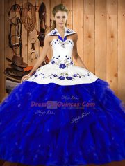 Satin and Organza Sleeveless Floor Length Sweet 16 Dresses and Embroidery and Ruffles