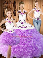 Lovely Lilac Three Pieces Fabric With Rolling Flowers Halter Top Sleeveless Embroidery Floor Length Lace Up Quinceanera Gowns