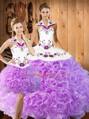 Lovely Lilac Three Pieces Fabric With Rolling Flowers Halter Top Sleeveless Embroidery Floor Length Lace Up Quinceanera Gowns