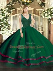 Floor Length Dark Green Ball Gown Prom Dress V-neck Sleeveless Backless