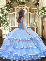 Straps Sleeveless Lace Up Little Girls Pageant Gowns Peach Organza