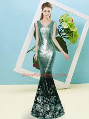 Affordable Sleeveless Floor Length Sequins Zipper Prom Dresses with Turquoise
