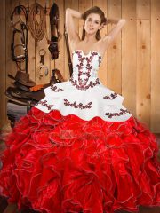 Wine Red Strapless Neckline Embroidery and Ruffles Sweet 16 Dresses Sleeveless Lace Up