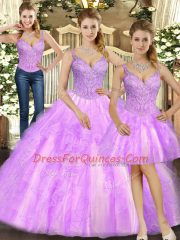 Sleeveless Organza Floor Length Lace Up 15th Birthday Dress in Lilac with Beading and Ruffles