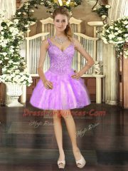 Sleeveless Organza Floor Length Lace Up 15th Birthday Dress in Lilac with Beading and Ruffles