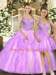 Sleeveless Organza Floor Length Lace Up 15th Birthday Dress in Lilac with Beading and Ruffles