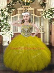 Olive Green Sleeveless Floor Length Beading and Ruffles Lace Up Pageant Gowns For Girls