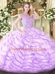 Zipper Sweet 16 Quinceanera Dress Lavender for Military Ball and Sweet 16 and Quinceanera with Beading and Ruffled Layers Sweep Train