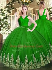 Flare Ball Gowns Ball Gown Prom Dress Green V-neck Tulle Sleeveless Floor Length Zipper
