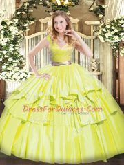 Excellent Yellow Green Ball Gowns Tulle V-neck Sleeveless Beading and Ruffled Layers Floor Length Zipper Quince Ball Gowns
