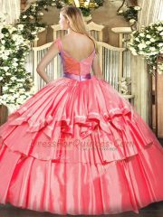 Excellent Yellow Green Ball Gowns Tulle V-neck Sleeveless Beading and Ruffled Layers Floor Length Zipper Quince Ball Gowns