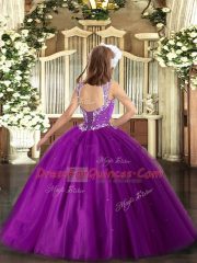 Sleeveless Tulle Floor Length Lace Up Girls Pageant Dresses in Olive Green with Beading