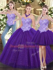 Suitable Floor Length Ball Gowns Sleeveless Purple Quinceanera Dress Lace Up