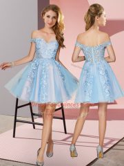 Sumptuous Light Blue Tulle Zipper Off The Shoulder Sleeveless Mini Length Dama Dress Appliques