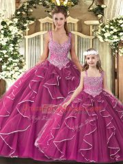 Perfect Fuchsia Lace Up Quinceanera Gowns Beading and Ruffles Sleeveless Floor Length