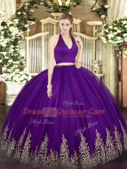 Luxurious Tulle Halter Top Sleeveless Zipper Appliques 15th Birthday Dress in Dark Purple