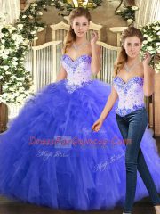 Modest Beading and Ruffles Quince Ball Gowns Blue Lace Up Sleeveless Floor Length