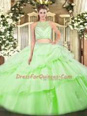 New Arrival Scoop Sleeveless Sweet 16 Dress Floor Length Ruffles Apple Green Tulle