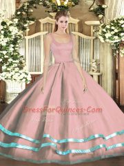 Pink Ball Gowns Tulle Straps Sleeveless Ruffled Layers Floor Length Zipper Quince Ball Gowns