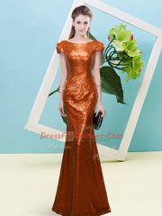 Classical Scoop Cap Sleeves Sequined Prom Evening Gown Sequins Zipper