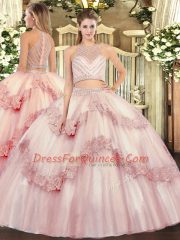 Stunning Baby Pink Sleeveless Tulle Zipper Vestidos de Quinceanera for Military Ball and Sweet 16 and Quinceanera