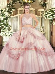 Stunning Baby Pink Sleeveless Tulle Zipper Vestidos de Quinceanera for Military Ball and Sweet 16 and Quinceanera