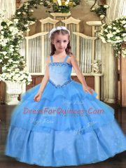 Perfect Baby Blue Ball Gowns Straps Sleeveless Organza Floor Length Lace Up Appliques Little Girls Pageant Dress Wholesale