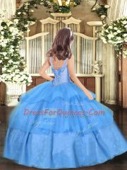 Perfect Baby Blue Ball Gowns Straps Sleeveless Organza Floor Length Lace Up Appliques Little Girls Pageant Dress Wholesale