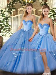 Flirting Organza Sweetheart Sleeveless Lace Up Beading and Ruffles Quinceanera Gowns in Baby Blue