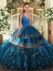 Comfortable Blue V-neck Backless Ruffles Vestidos de Quinceanera Sleeveless