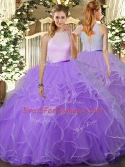 Lavender Sleeveless Floor Length Ruffles Backless Ball Gown Prom Dress