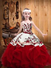 Stunning Floor Length Ball Gowns Sleeveless Red Little Girls Pageant Gowns Lace Up