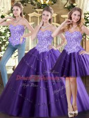 Pretty Tulle Sweetheart Sleeveless Lace Up Beading Ball Gown Prom Dress in Purple