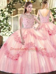 High Class Baby Pink Ball Gowns Bateau Sleeveless Tulle Floor Length Zipper Beading and Appliques Ball Gown Prom Dress