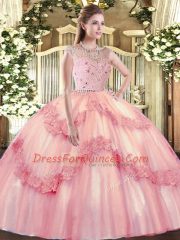 High Class Baby Pink Ball Gowns Bateau Sleeveless Tulle Floor Length Zipper Beading and Appliques Ball Gown Prom Dress
