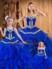 Royal Blue Ball Gowns Tulle Sweetheart Sleeveless Embroidery and Ruffles Floor Length Lace Up Sweet 16 Quinceanera Dress