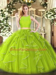 Stunning Floor Length Yellow Green Sweet 16 Quinceanera Dress Organza Sleeveless Lace and Ruffles