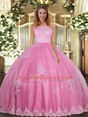 Fantastic Rose Pink Clasp Handle Scoop Lace and Appliques Quinceanera Dress Tulle Sleeveless