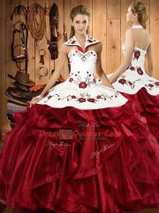 Embroidery and Ruffles Ball Gown Prom Dress Wine Red Lace Up Sleeveless Floor Length
