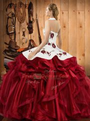 Embroidery and Ruffles Ball Gown Prom Dress Wine Red Lace Up Sleeveless Floor Length