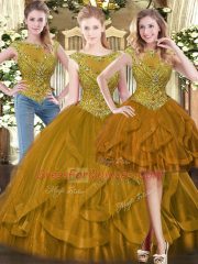 Brown Sleeveless Floor Length Beading and Ruffles Zipper Vestidos de Quinceanera