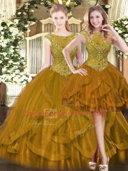 Brown Sleeveless Floor Length Beading and Ruffles Zipper Vestidos de Quinceanera