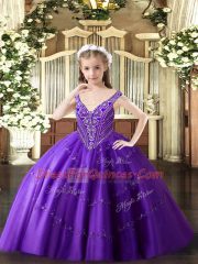 Purple Ball Gowns V-neck Sleeveless Tulle Floor Length Lace Up Beading and Appliques Child Pageant Dress