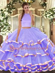 Inexpensive Organza Halter Top Sleeveless Backless Beading and Ruffled Layers Quinceanera Dress in Lavender