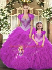 Affordable Fuchsia Lace Up Straps Beading and Ruffles Quinceanera Gowns Tulle Sleeveless