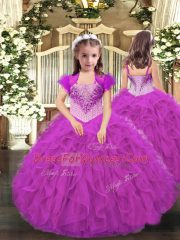 Affordable Fuchsia Lace Up Straps Beading and Ruffles Quinceanera Gowns Tulle Sleeveless